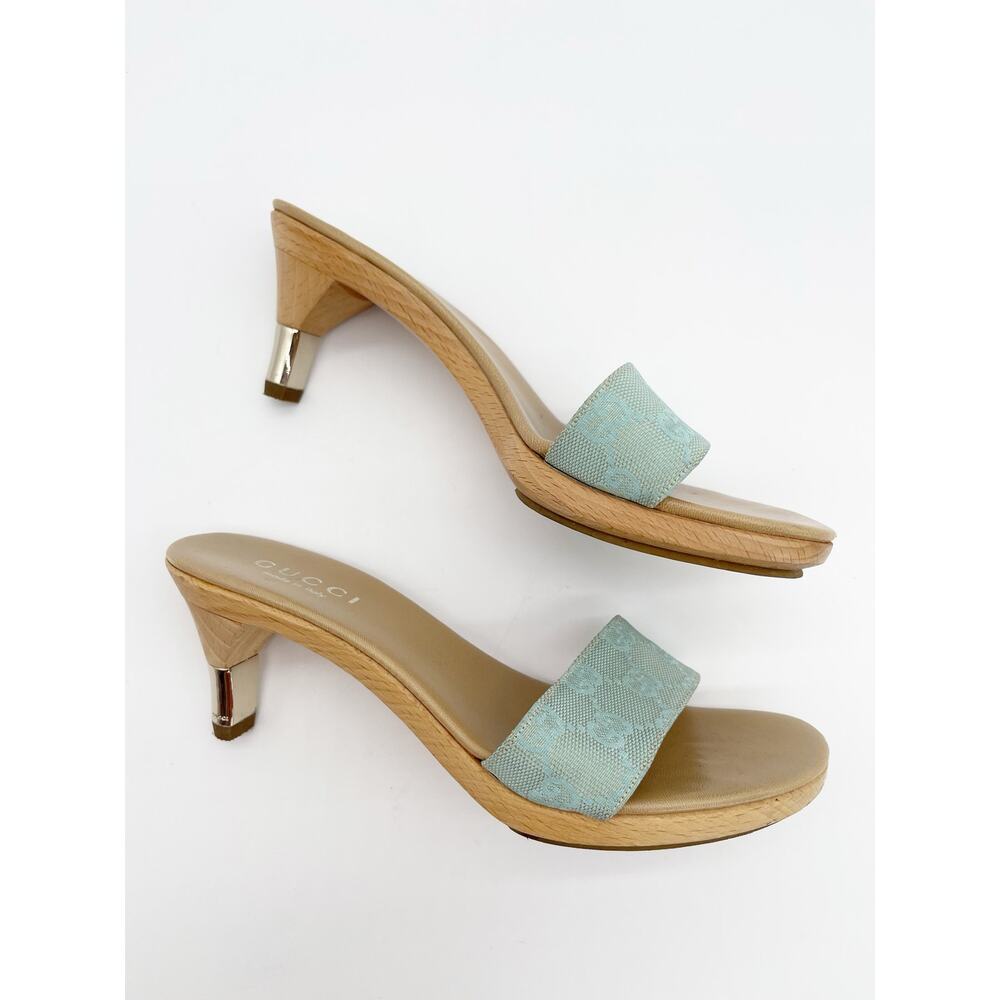 Gucci Vintage Teal GG Monogram Canvas Wooden Heel Slide Mule Sandals EU 36.5 - Picture 4 of 15
